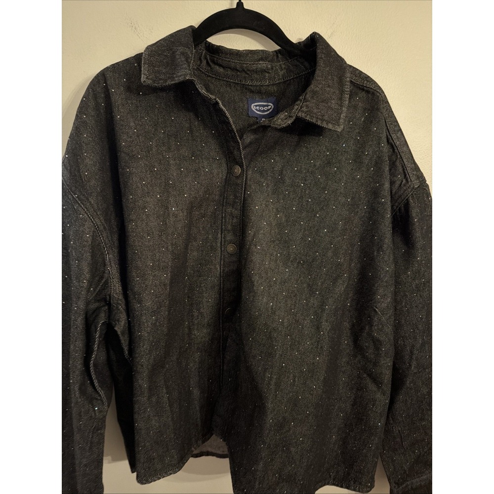 Scoop Womens Western Black Denim Shirt Rhineston Cowgirl Snap Top XL NWT